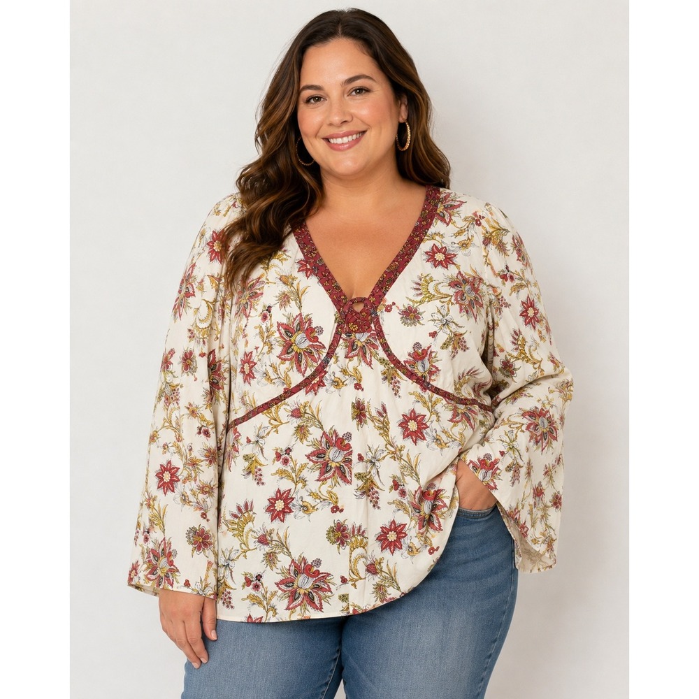 Eyeshadow Vintage Y2K Floral Cotton Long Sleeve Top Bust Cutout Cream Red
